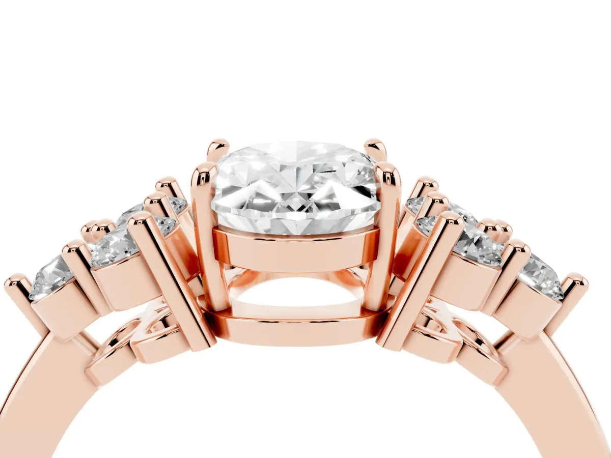 Oval Cut Brilliant Diamond Cluster Accent Solitaire Ring with Prong Setting Rose gold
