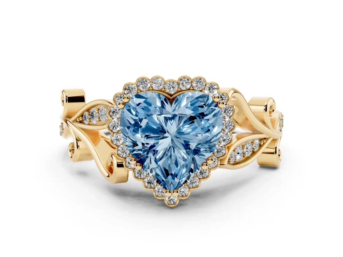 Fancy Blue Heart Cut Diamond Halo Ring with Vintage Split Shank and Four-Prong Setting Yellow gold