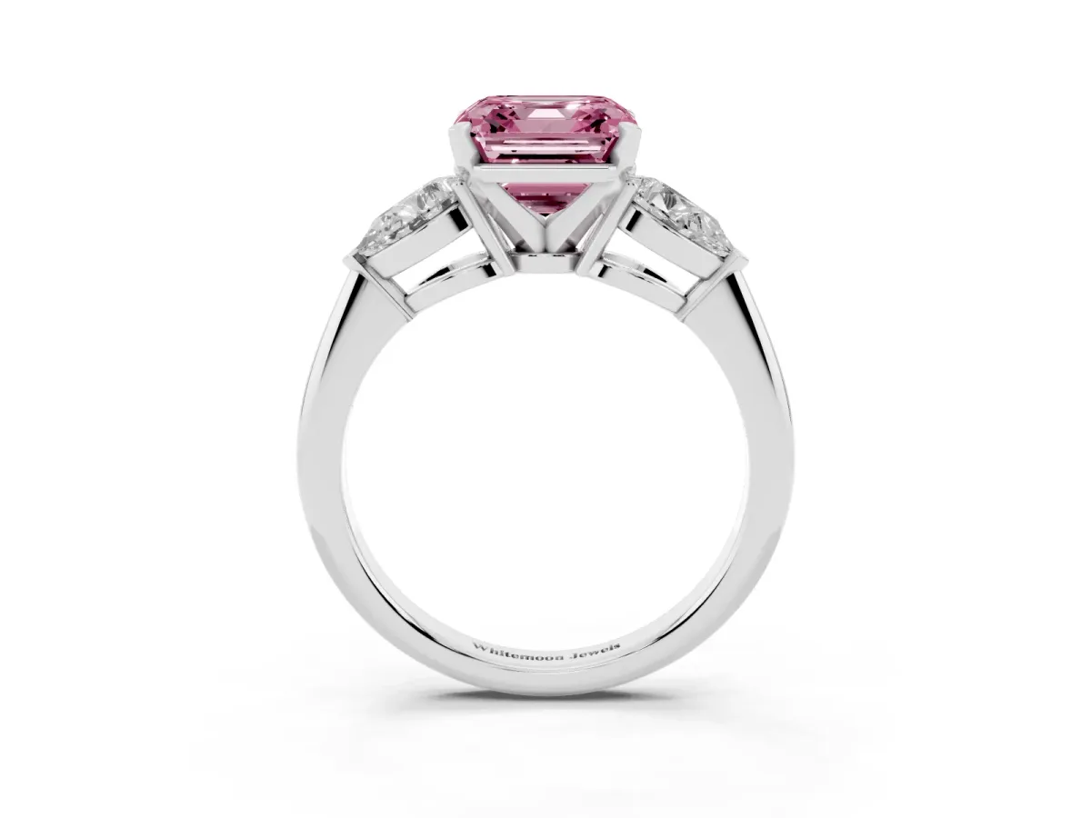 Fancy Pink Three-Stone Asscher Cut Diamond Ring with Pear Side Stones and Four-Prong Setting Silver