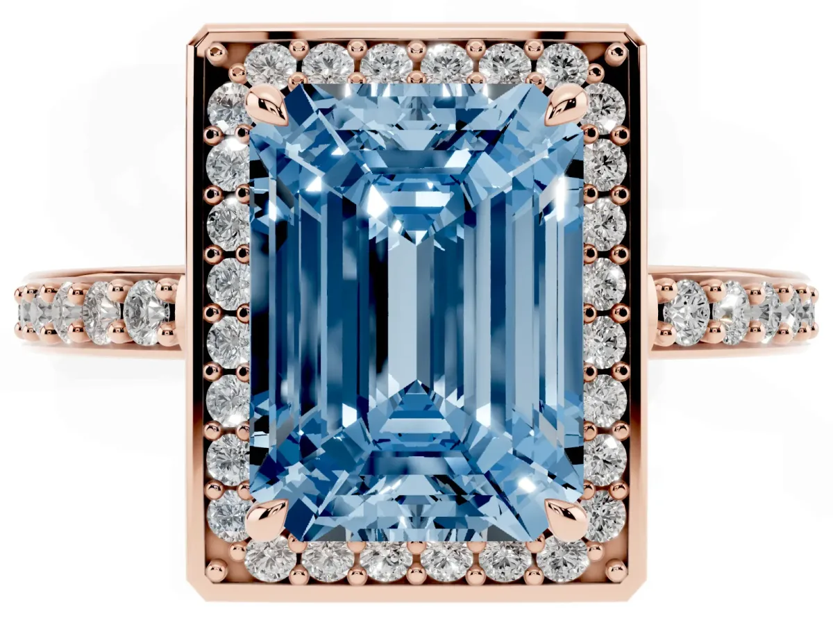 Fancy Blue Emerald Cut Halo Pave Band Solitaire Ring with Prong Setting Rose gold