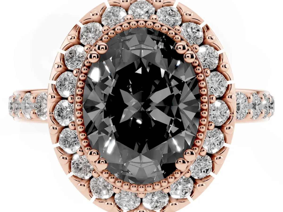 Fancy Black Oval Cut Diamond Halo Ring with Pavé Band and Prong Setting Rose gold