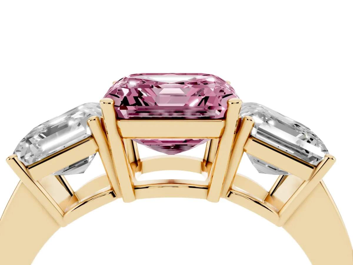 Fancy Pink Three-Stone Asscher Cut Cut Diamond Engagement Ring with Flat Band and Four-Prong Setting Yellow gold
