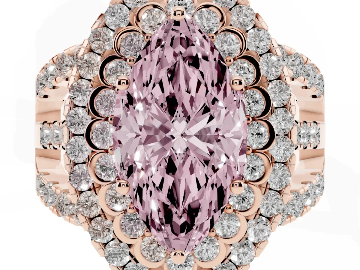 Fancy Pink Marquise Cut Diamond Double Halo Ring with Round Pavé Split Shank and Prong Setting Rose gold