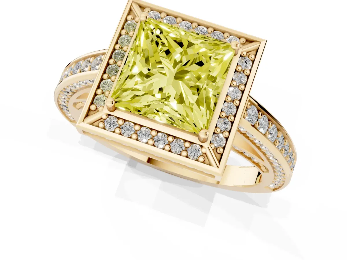 Fancy Yellow Princess Cut Cut Halo Pave Split Shank Prong Setting Ring Yellow gold