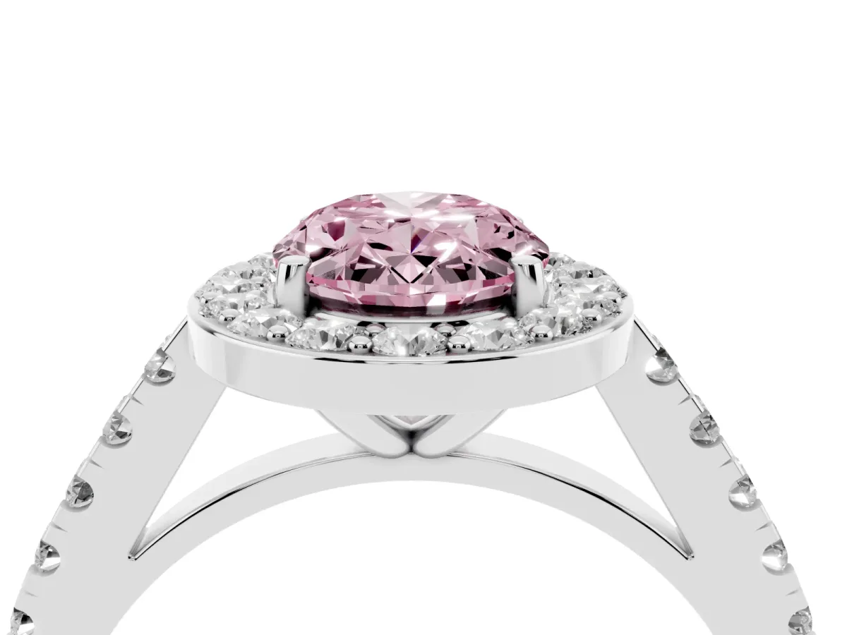 Fancy Pink Oval Cut Diamond Halo Ring with Round Pavé Split Shank and Prong Setting Silver