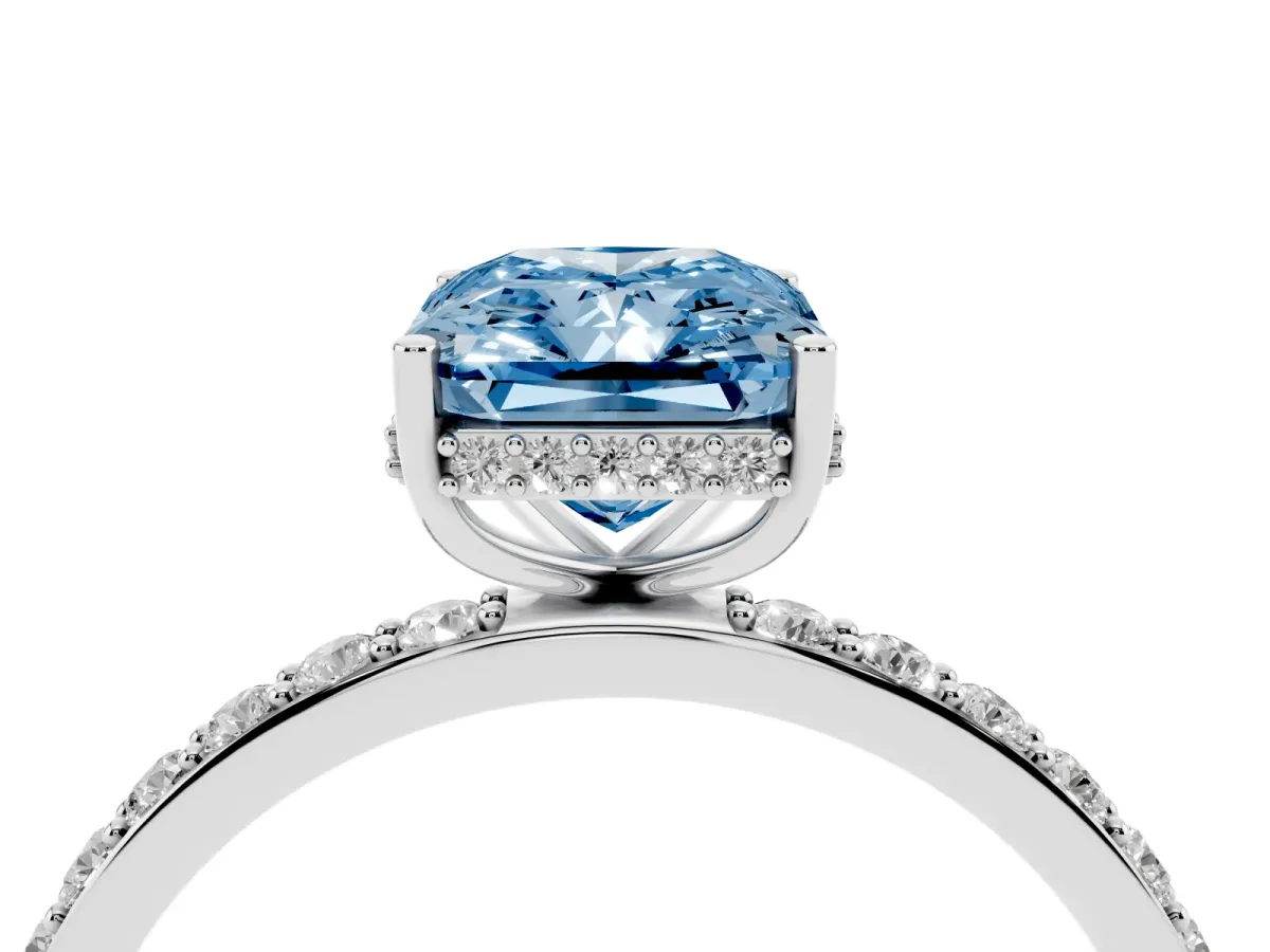 Fancy Blue Radiant Cut Diamond Solitaire Ring with Pavé Band and Hidden Halo Silver