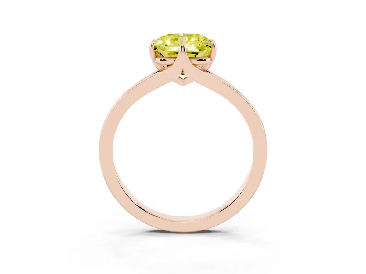 Fancy Yellow Cushion Cut Solitaire Diamond Ring with Six-Prong Setting and Tapered Band Rose gold