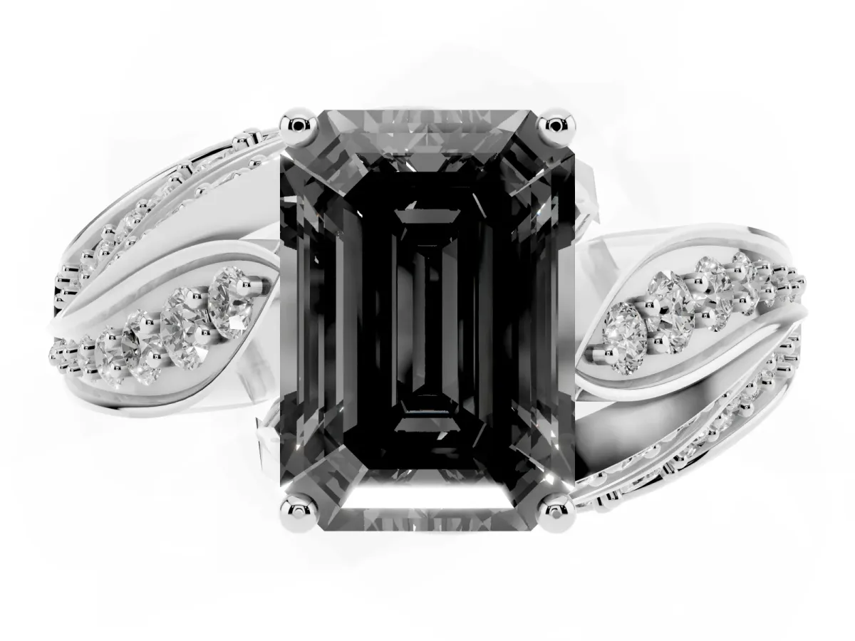 Fancy Black Emerald Cut Diamond Solitaire Ring with Prong Setting and Twisted Pavé Band Silver