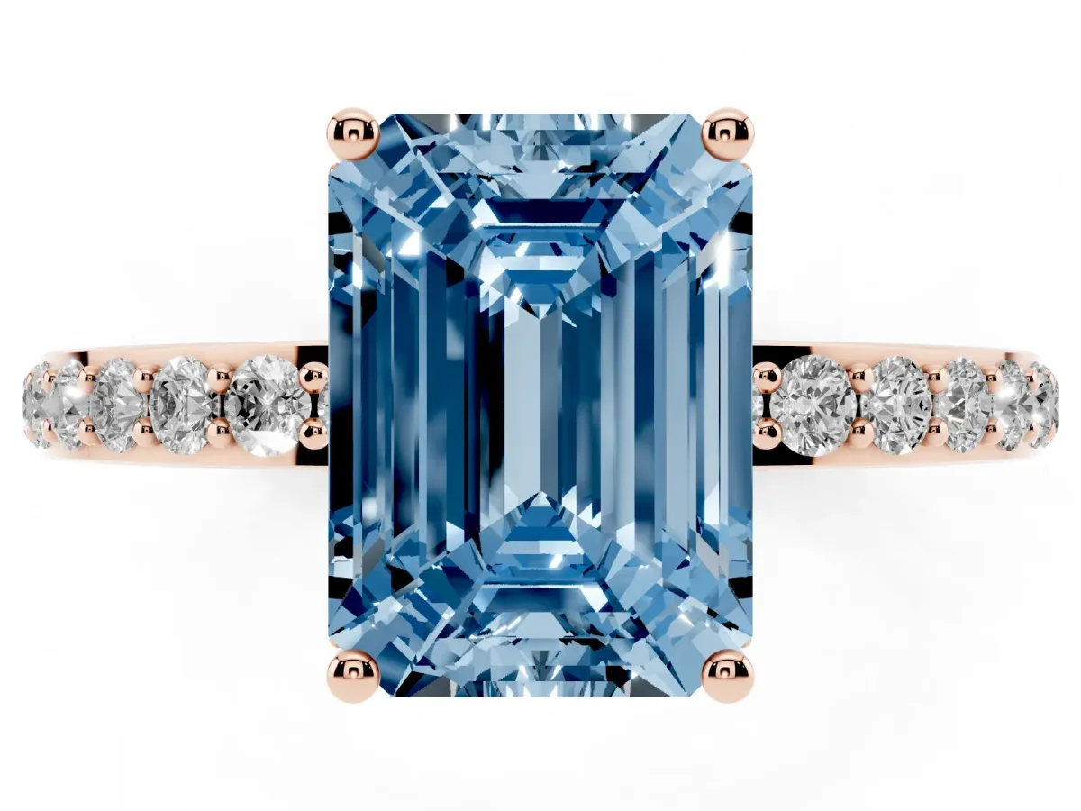 Fancy Blue Emerald Cut Diamond Solitaire Ring with Pavé Band and Hidden Halo Rose gold