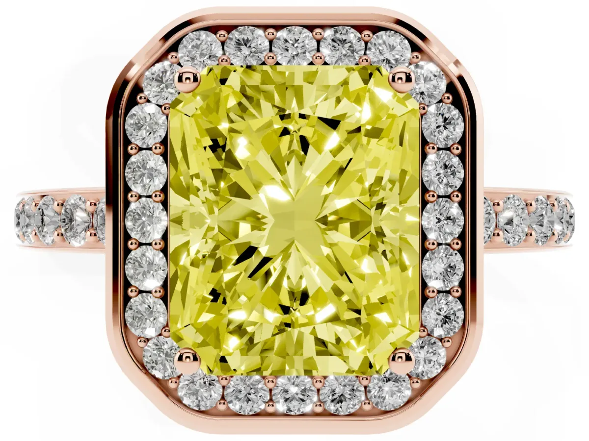 Fancy Yellow Radiant Cut Diamond Halo Ring with Bezel Frame and Pavé Band Rose gold