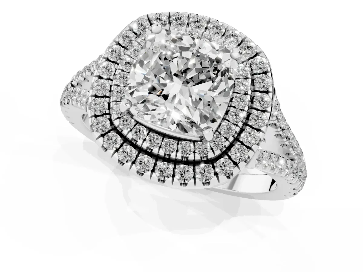 Cushion Cut Diamond Double Halo Ring with Pavé Band and Prong Setting Platinum