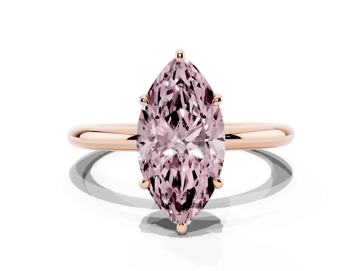 Fancy Pink Marquise Cut Solitaire Diamond Ring with Four-Prong Setting on a Plain Band Rose gold