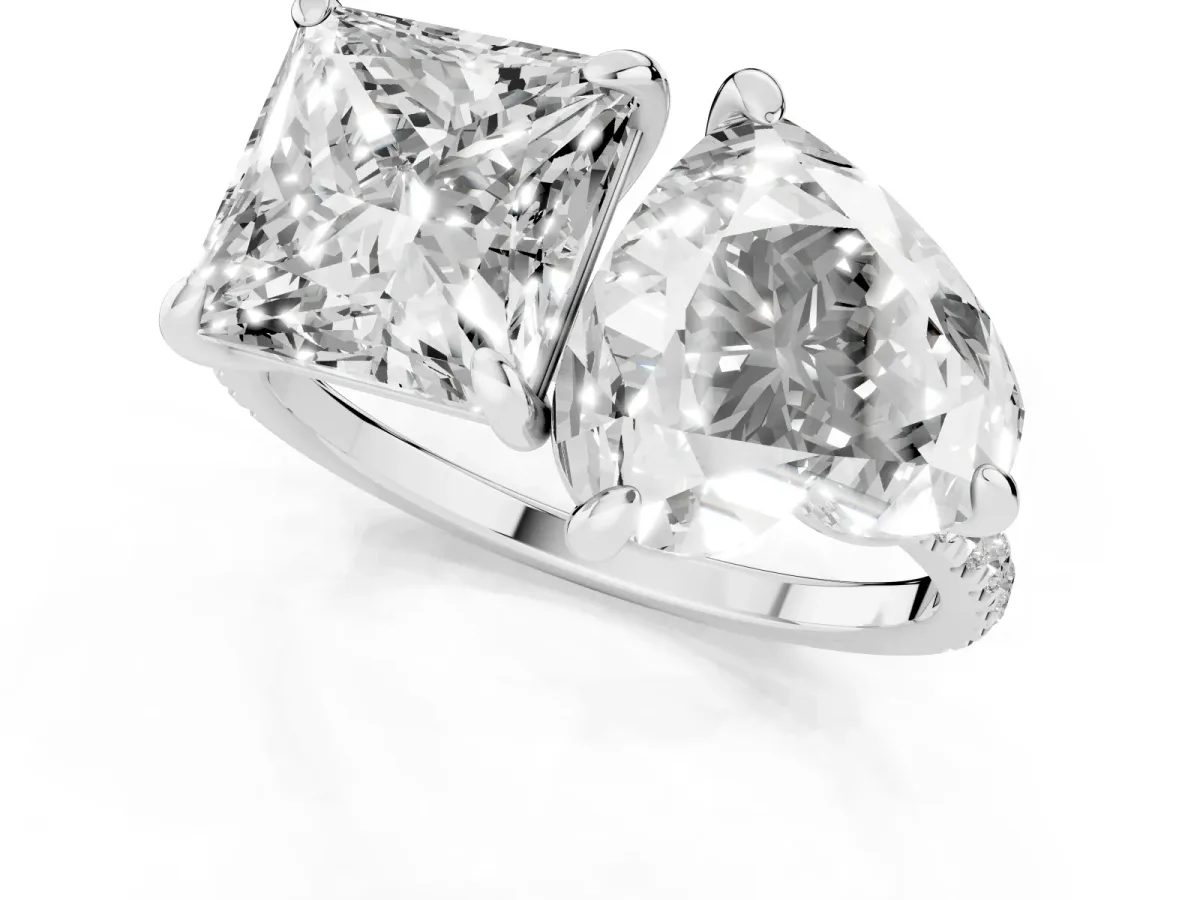 Heart and Princess Toi Moi Ring with Prong Setting and Pave Band Platinum
