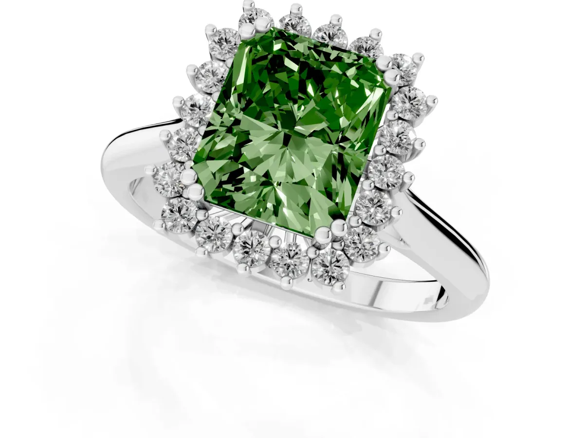 Fancy Green Radiant Cut Cut Diamond Halo Ring with Solitaire Band and Prong Setting Silver