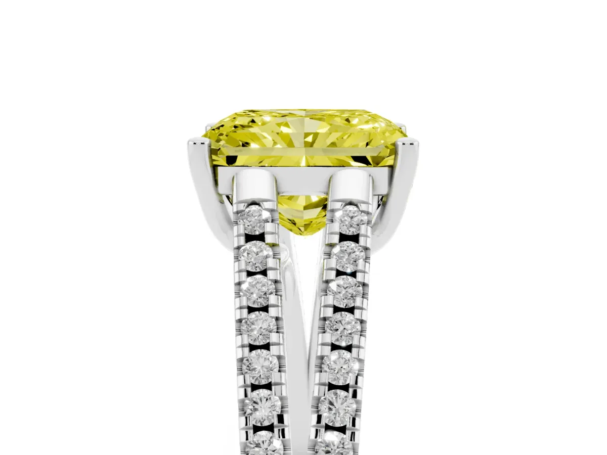 Fancy Yellow Radiant Cut Diamond Solitaire Engagement Ring with Split Shank Pavé Band Silver