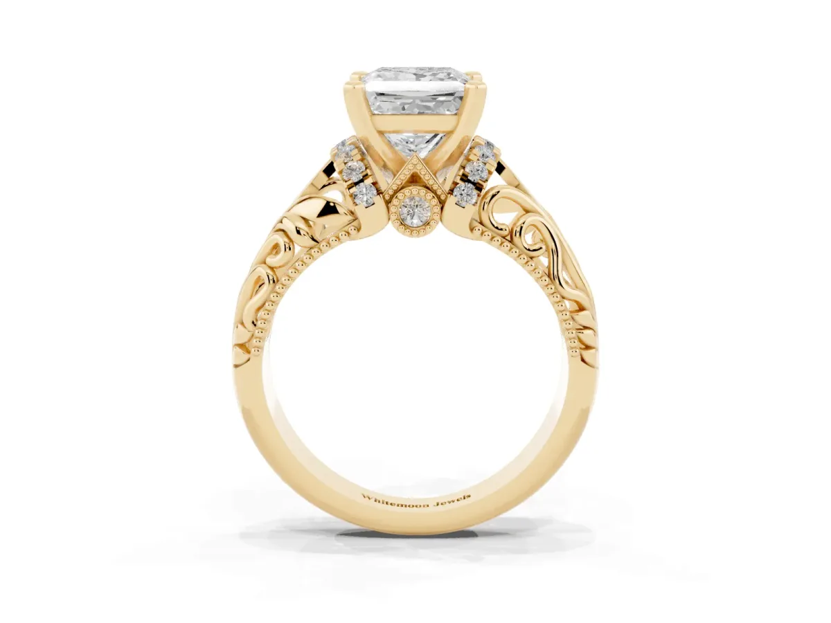 Princess Cut Solitaire Filigree Engagement Ring with Halo and Prong Setting Yellow gold