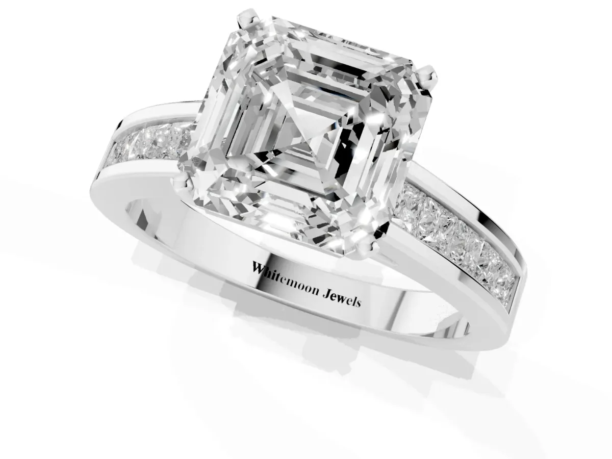 Asscher Cut Solitaire Diamond Ring with Channel-Set Band and Four-Prong Setting Silver