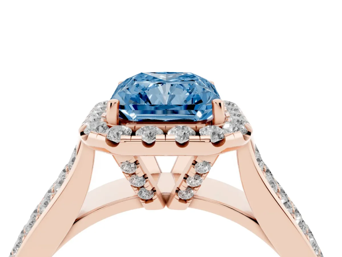 Fancy Blue Radiant Cut Halo Round Diamond Pave Band with Prong Setting Rose gold