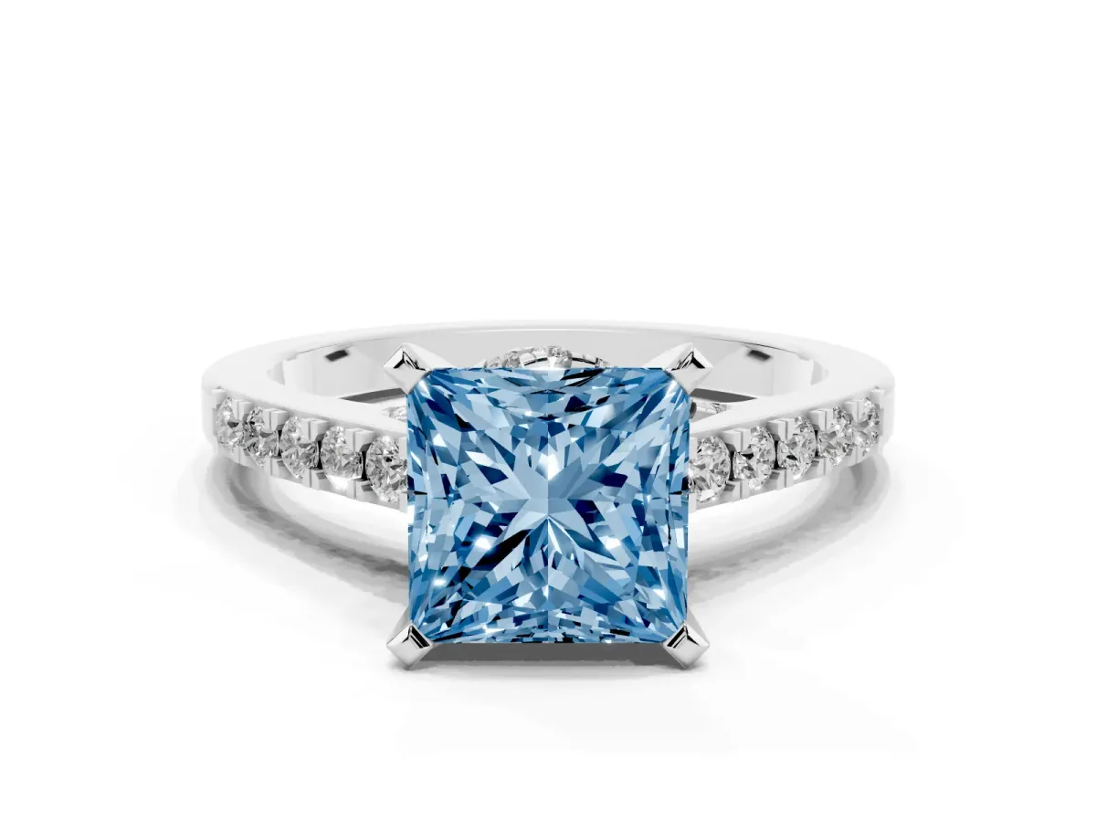 Fancy Blue Princess Cut Diamond Solitaire Ring with Crossover Gallery and Round Pavé Band Platinum
