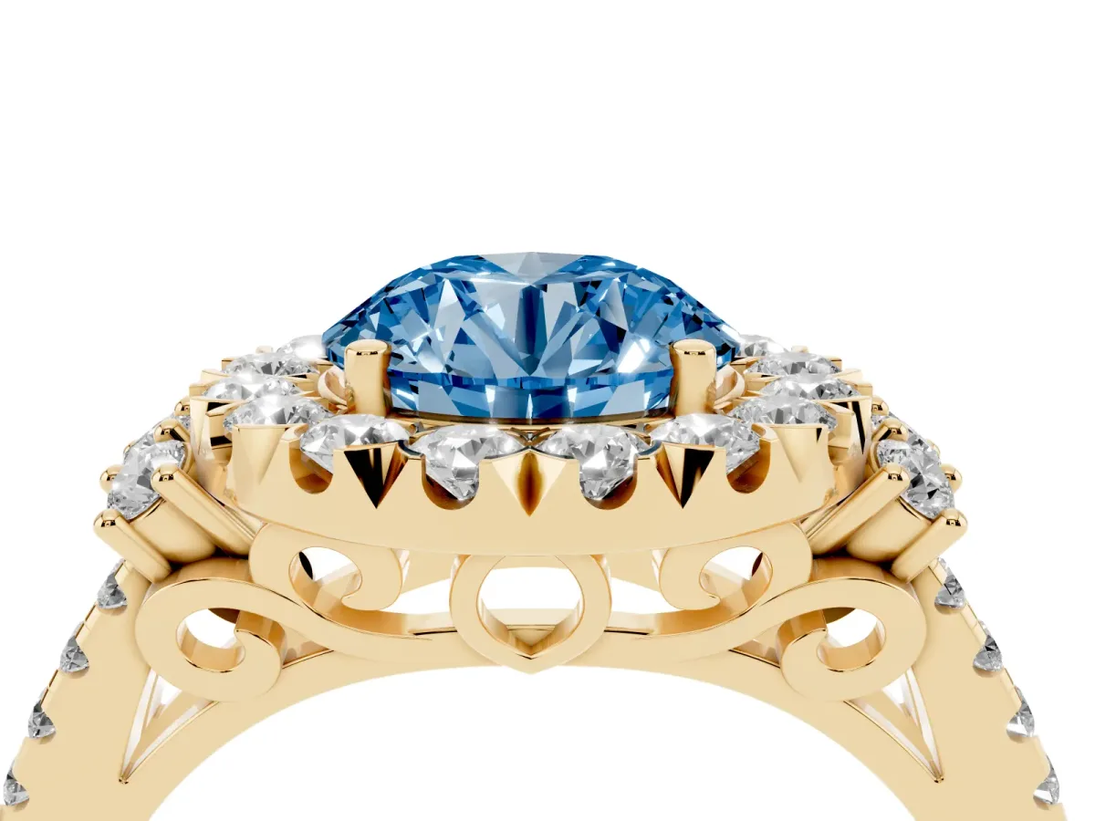 Fancy Blue Round Cut Cut Double Halo Diamond Engagement Ring with Pave Band and Four-Prong Setting Yellow gold