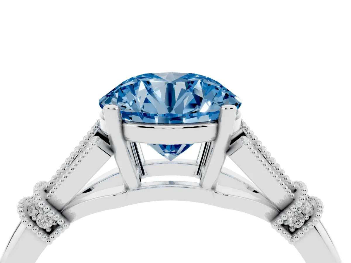 Fancy Blue Round Cut Diamond Solitaire Ring with Floral Filigree and Pave Accents White gold