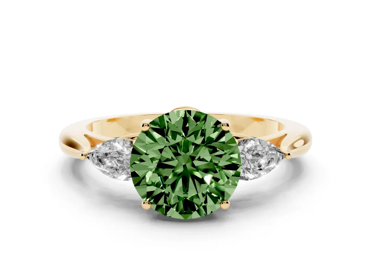 Fancy Green Three-Stone Round Cut Diamond Ring with Pear Side Stones in Four-Prong Setting Yellow gold