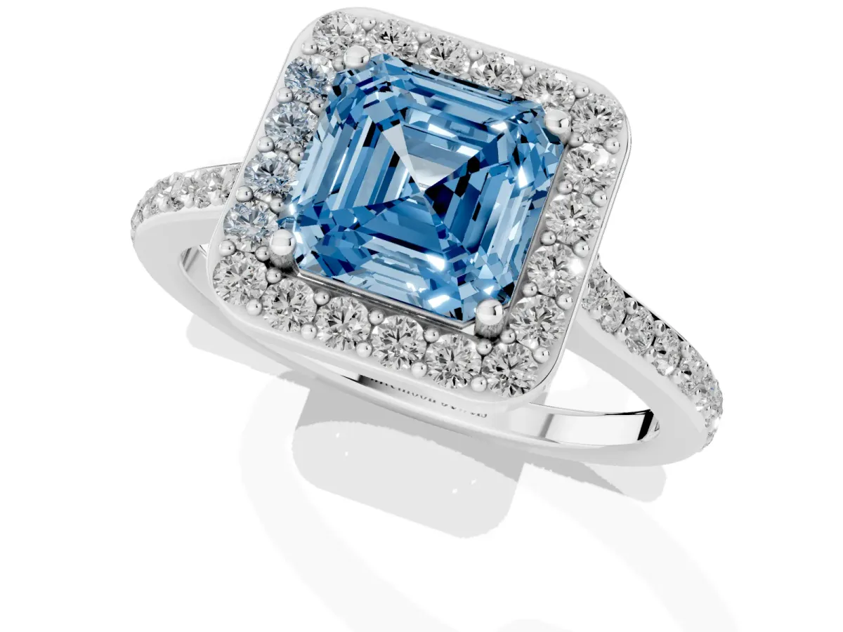 Fancy Blue Asscher Cut Diamond Halo Engagement Ring with Round Pavé Shoulders and Prong Setting Platinum