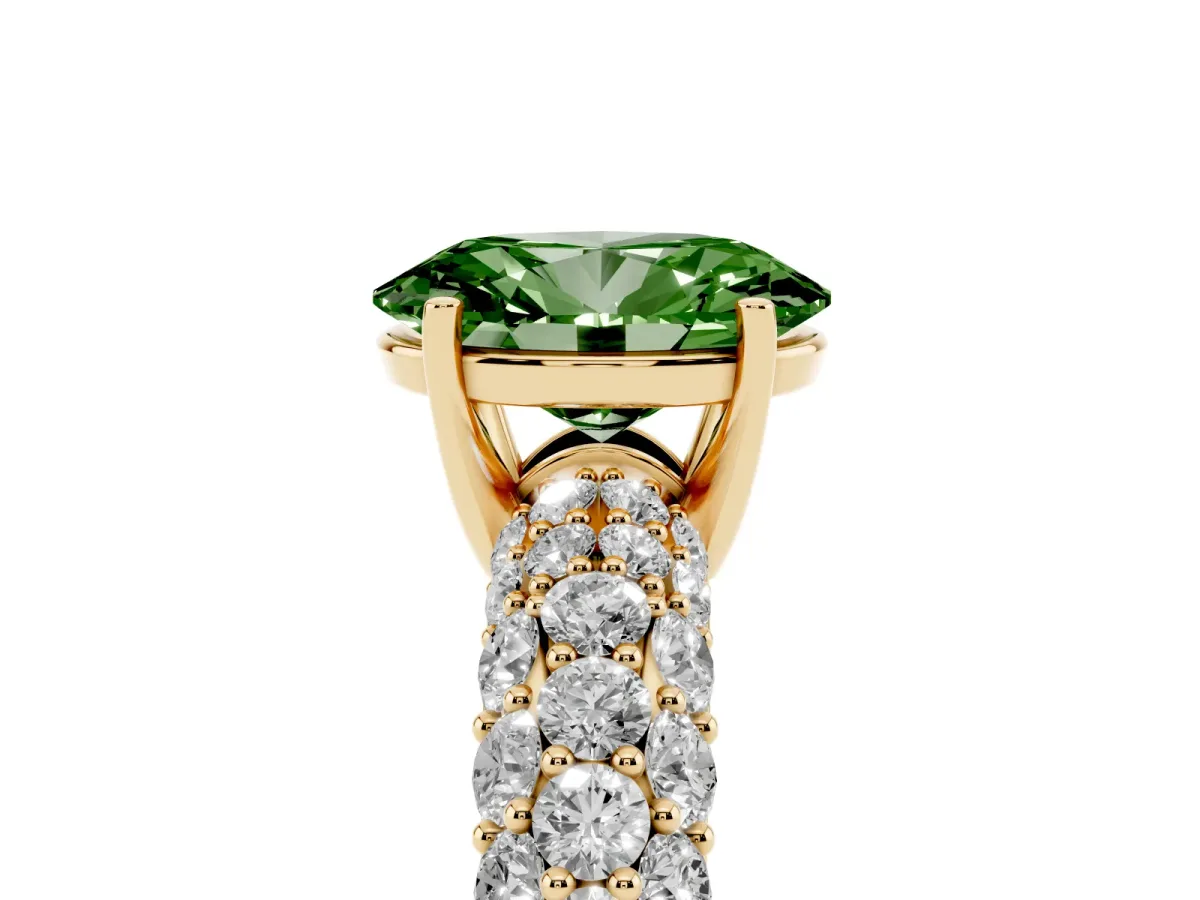 Fancy Green Oval Cut Diamond Pavé Band Solitaire Ring with Four-Prong Setting Yellow gold