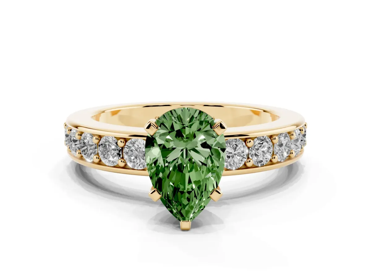 Fancy Green Pear Cut Diamond Engagement Ring with Channel Set Round Band and Prong Setting Yellow gold