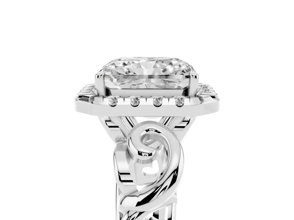 Radiant Cut Cut Halo Diamond Ring with Scrollwork Band and Four-Prong Setting Platinum