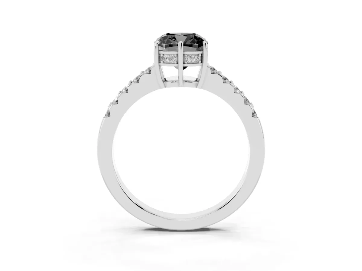 Fancy Black Cushion Cut Solitaire Diamond Engagement Ring with Pavé Band and Six-Prong Setting Platinum