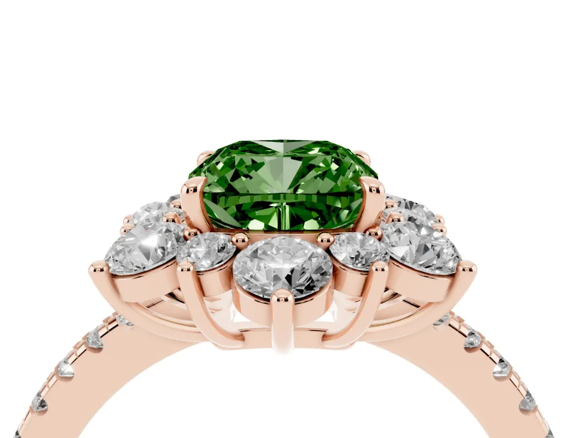 Fancy Green Cushion Cut Diamond Floral Halo Ring with Round Pavé Band and Prong Setting Rose gold