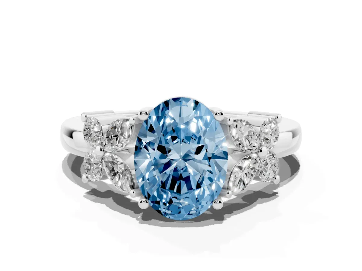 Fancy Blue Oval Cut Diamond Floral Cluster Ring with Solitaire Band and Prong Setting Silver