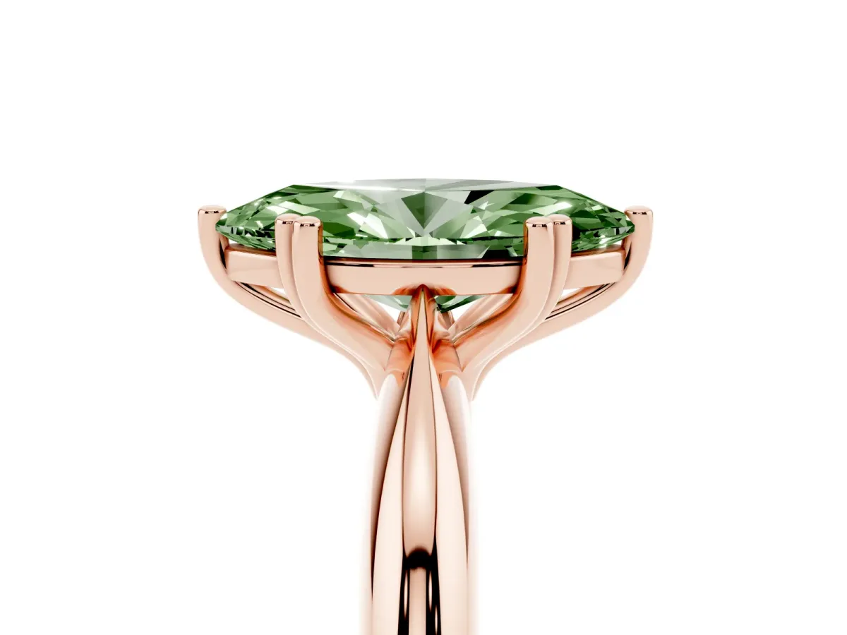 Fancy Green Marquise Cut Cut Solitaire Engagement Ring with Tapered Band and Four-Prong Setting Rose gold