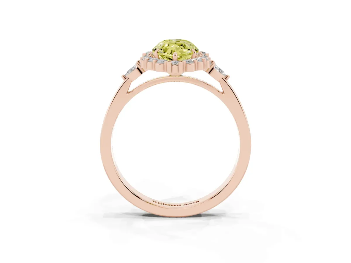 Fancy Yellow Marquise Cut Diamond Halo Ring with Pear Side Stones and Prong Setting Rose gold