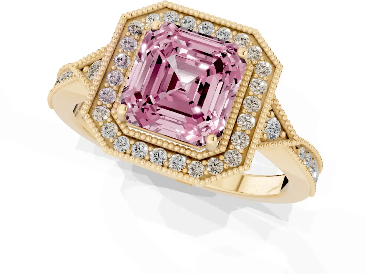 Fancy Pink Asscher Cut Halo Round Diamond Milgrain Pave Engagement Ring Yellow gold