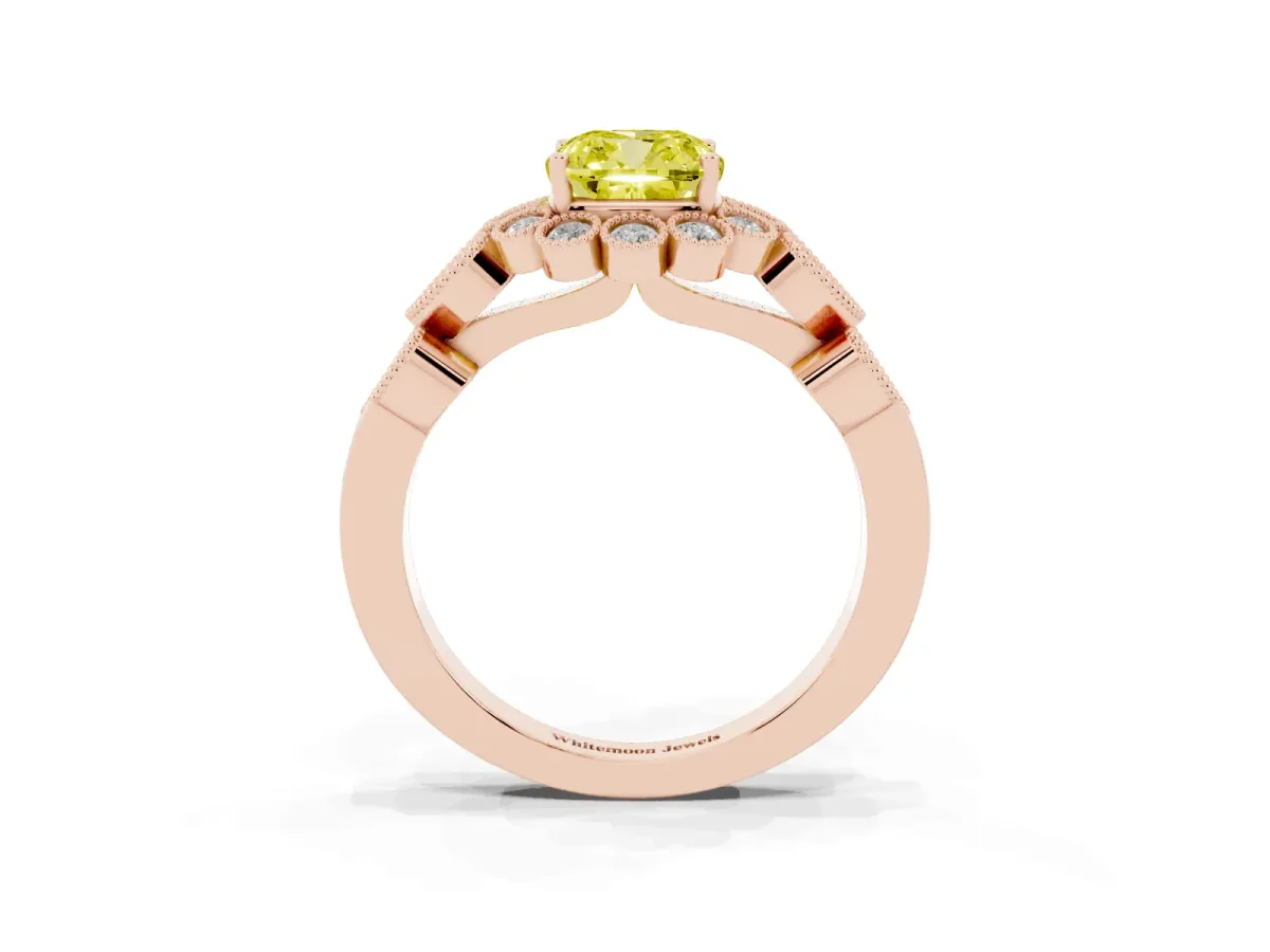 Fancy Yellow Cushion Cut Brilliant Milgrain Pave Heart Band Solitaire Ring Rose gold