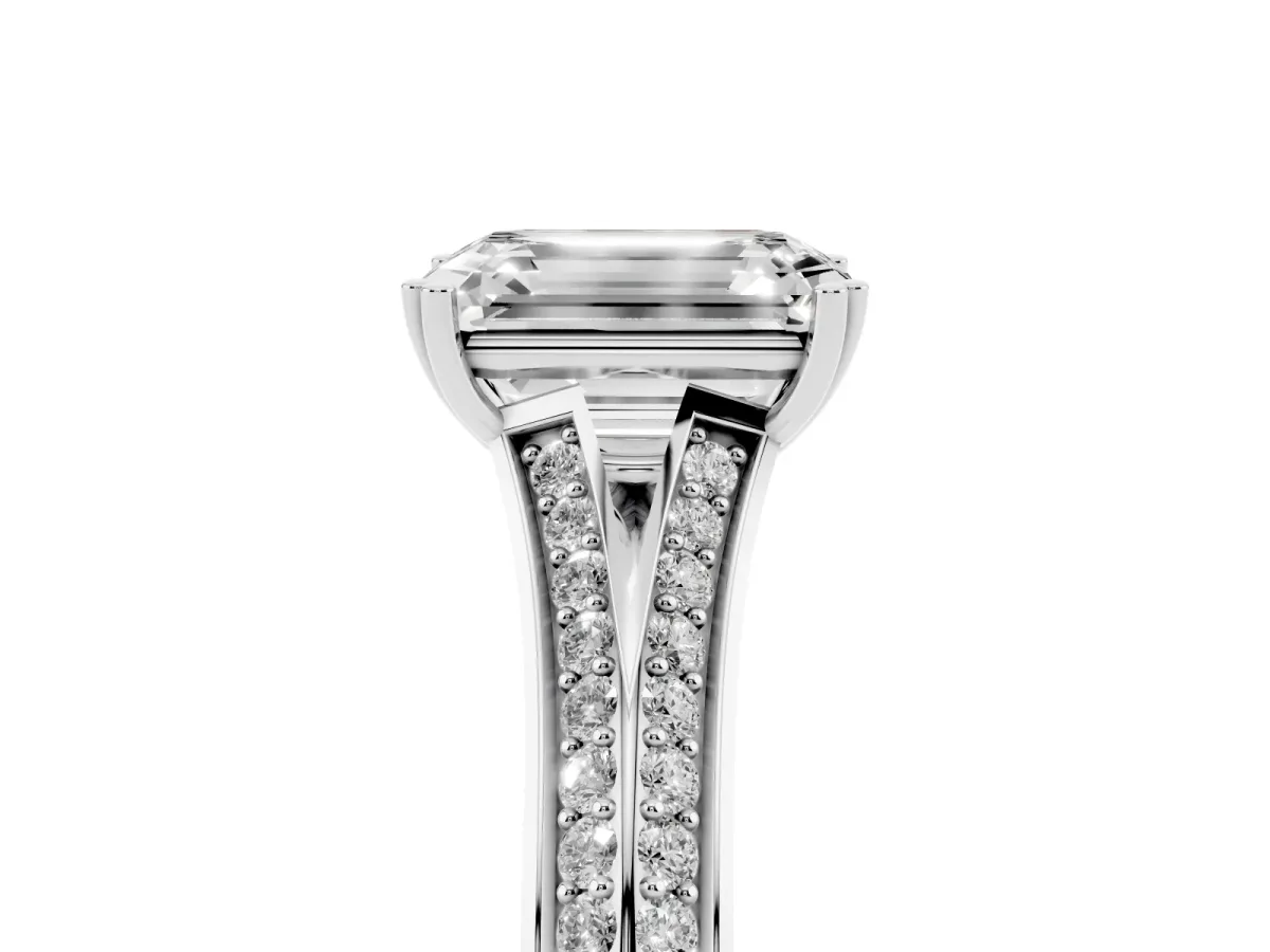 Emerald Cut Diamond Split Shank Engagement Ring with Pavé Band Silver
