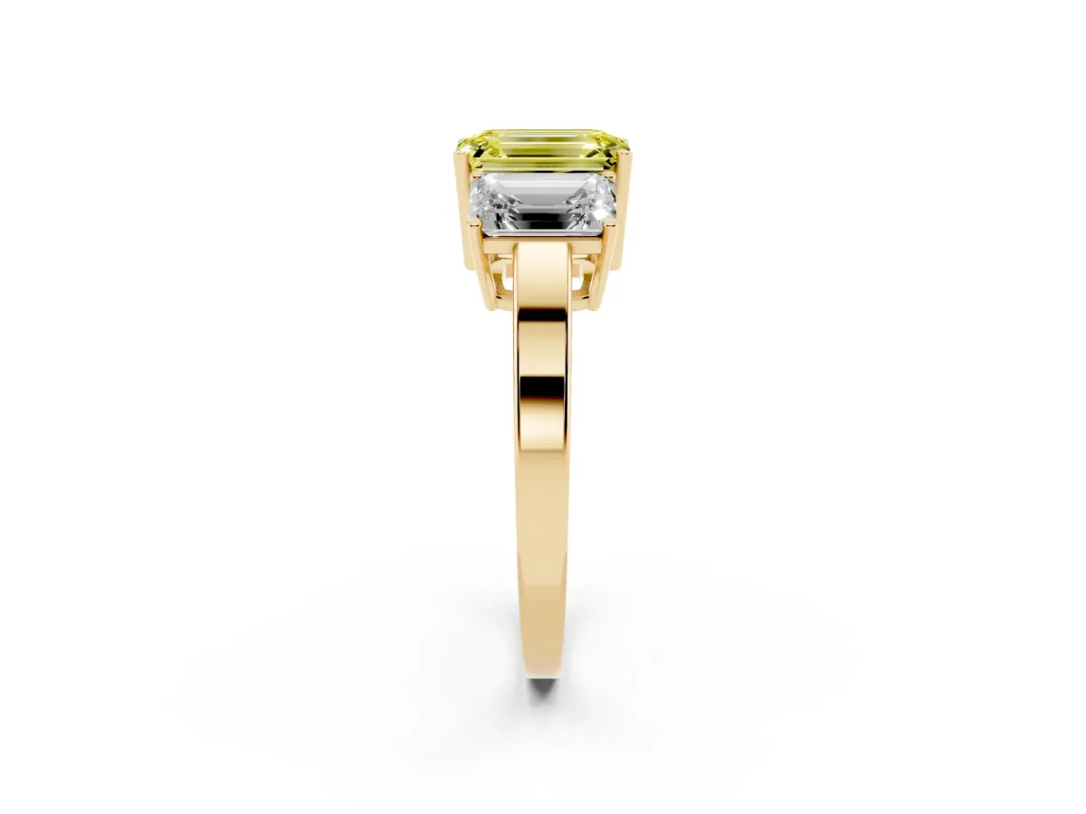 Fancy Yellow Three-Stone Emerald Cut Cut Diamond Engagement Ring with Flat Band and Four-Prong Setting Yellow gold