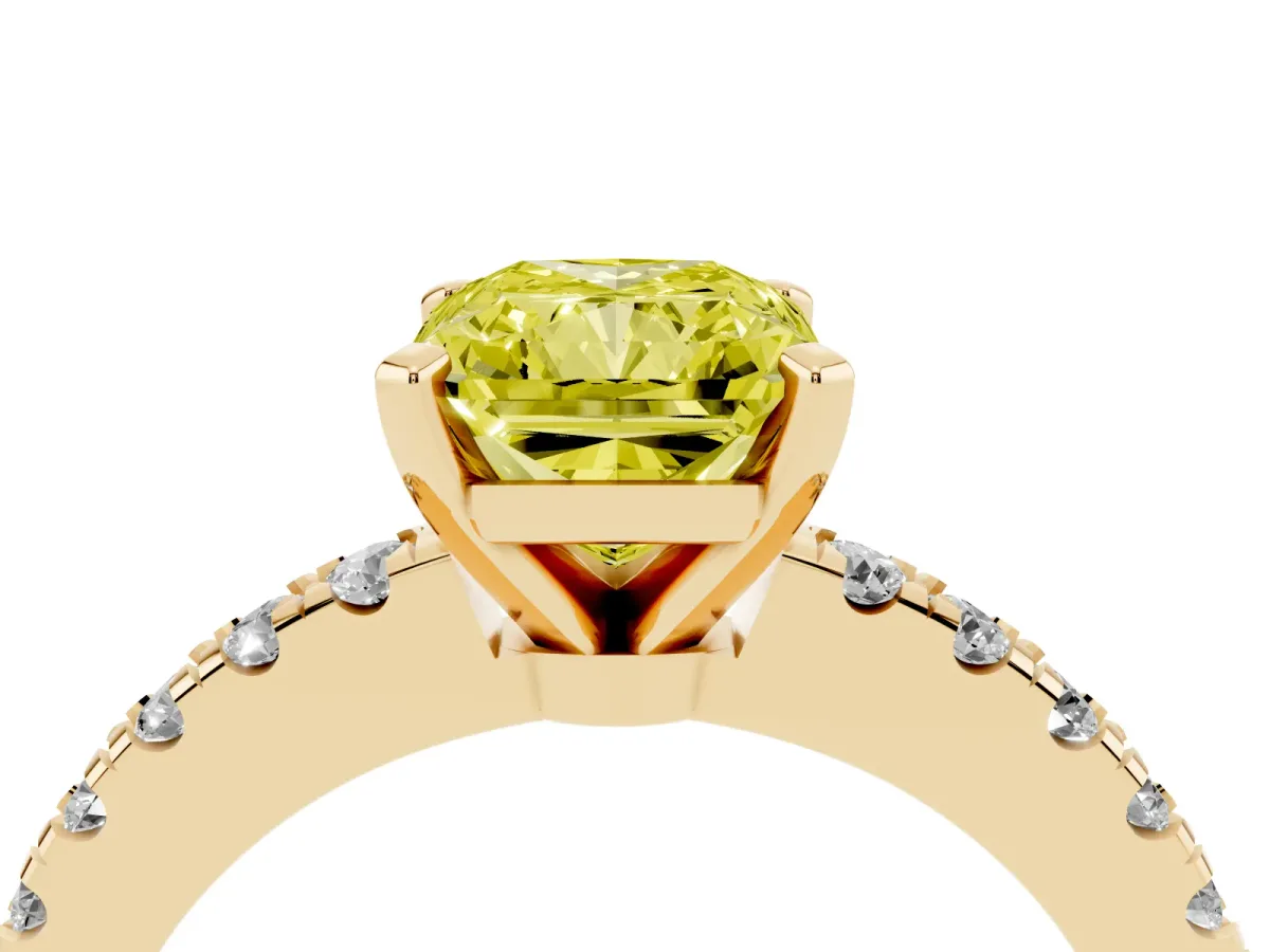 Fancy Yellow Radiant Cut Solitaire Diamond with Pavé Band and Four-Prong Setting Yellow gold