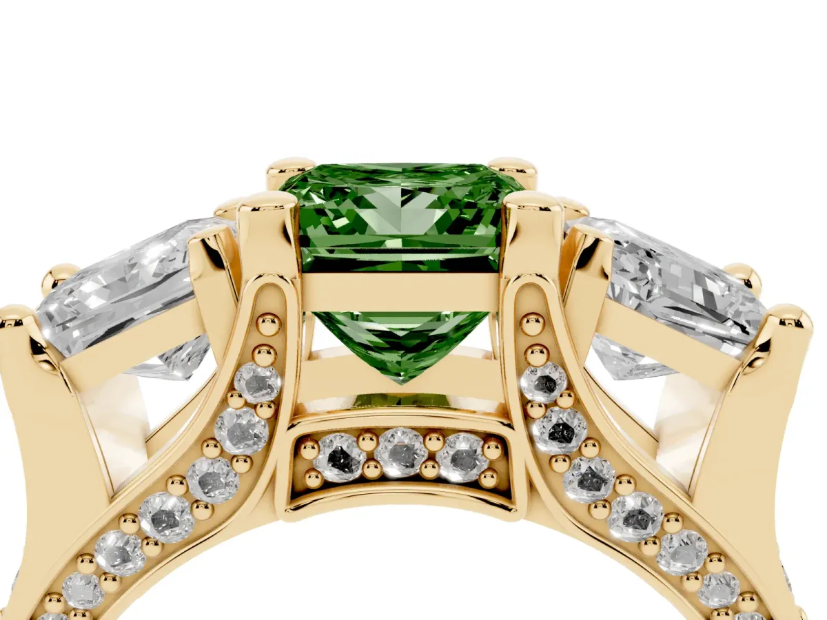Fancy Green Princess Cut Diamond Three-Stone Ring with Channel Set Band and Four-Prong Setting Yellow gold