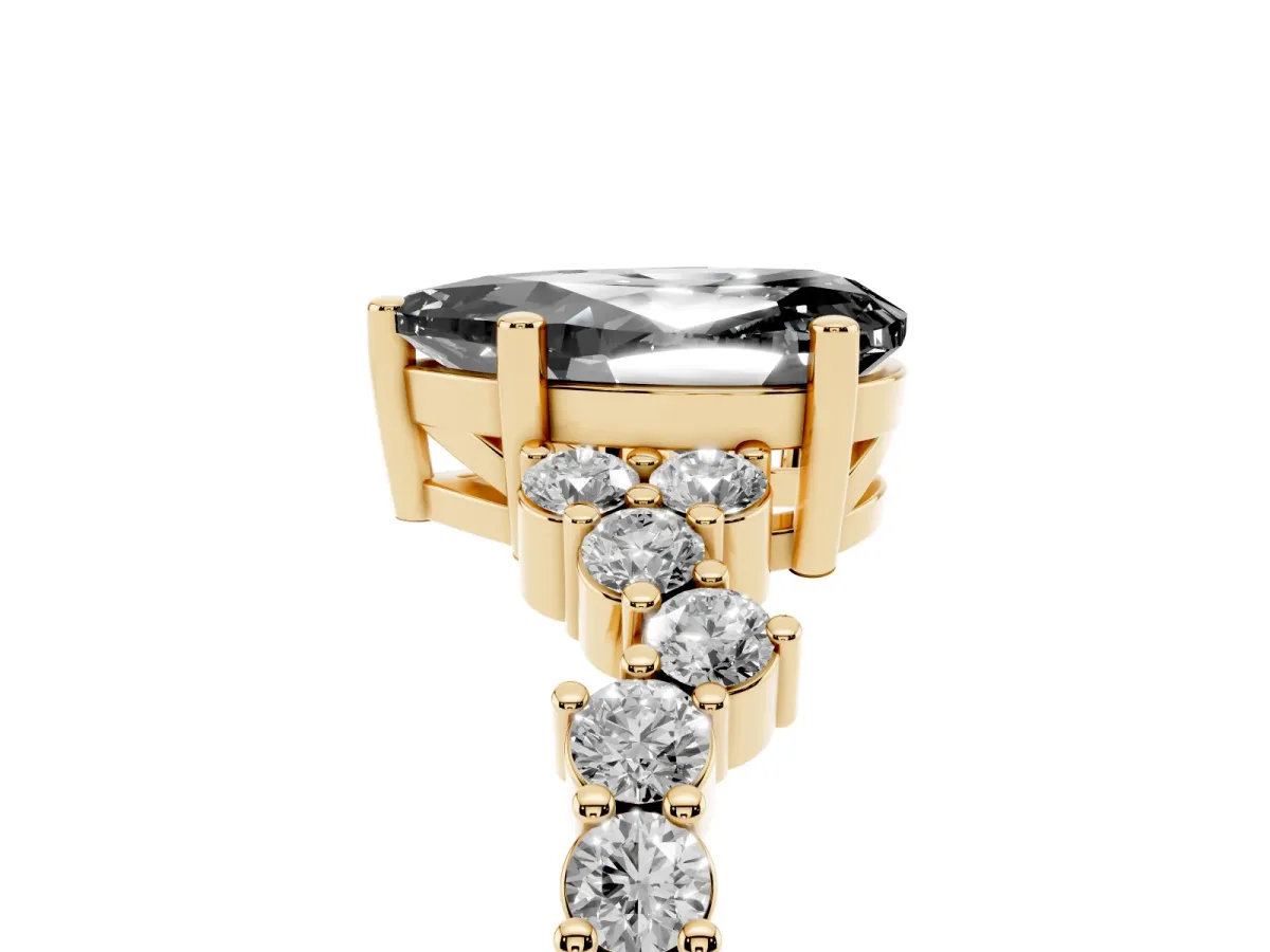 Fancy Black Pear Cut Diamond Scattered Round Accent Ring with Prong Setting Yellow gold