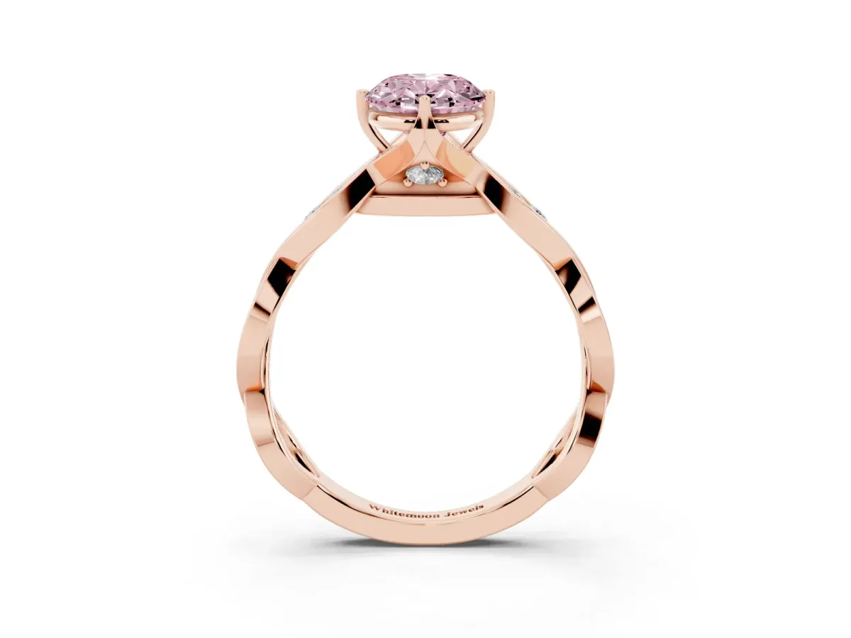 Fancy Pink Oval Cut Solitaire Twist Band with Leaf Prong Setting Rose gold