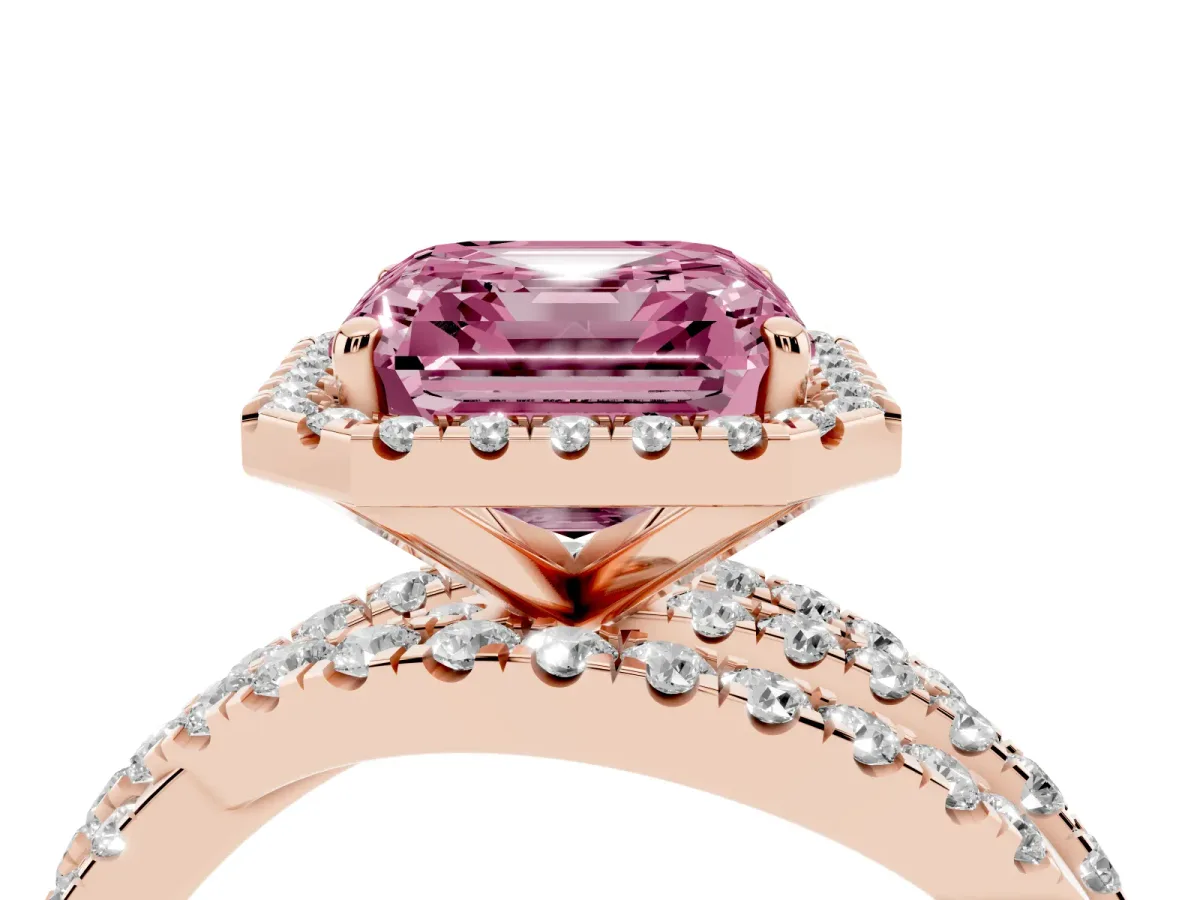 Fancy Pink Asscher Cut Diamond Halo Ring with Round Split Shank and Prong Setting Rose gold