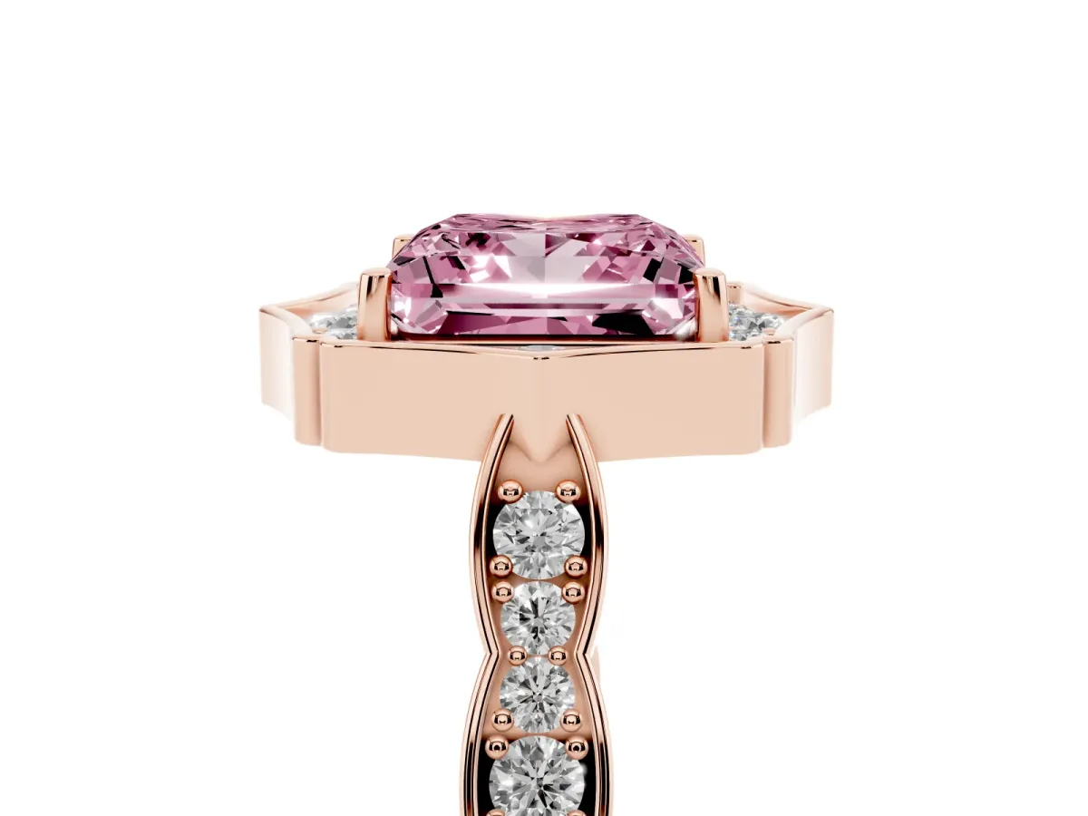 Fancy Pink Princess Cut Halo Diamond Engagement Ring with Milgrain Band and Four-Prong Setting Rose gold