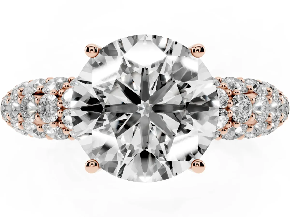 Round Cut Diamond Pavé Band Solitaire Ring with Four-Prong Setting Rose gold