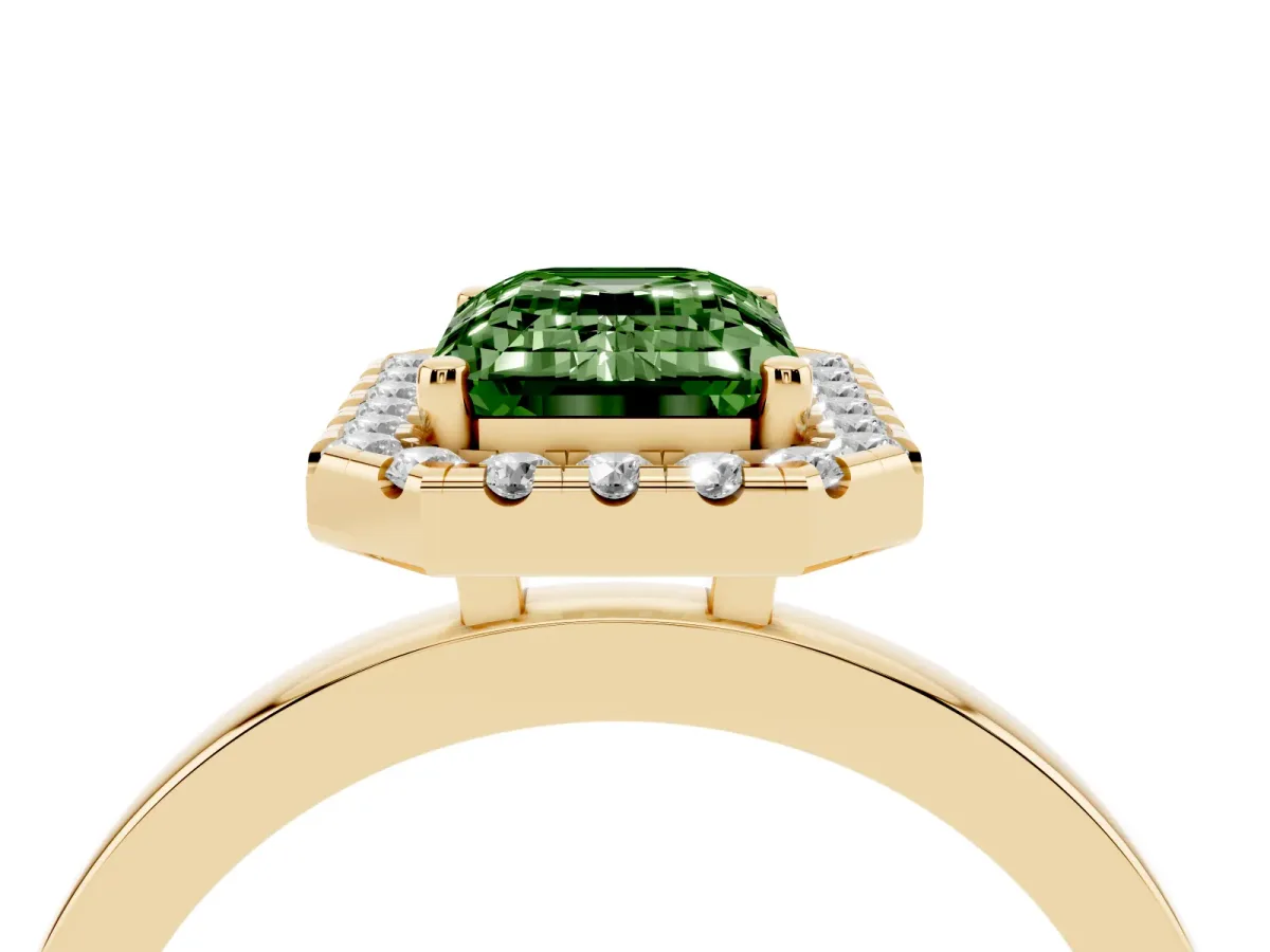 Fancy Green Emerald Cut Halo Diamond Solitaire with Pavé Band and Four-Prong Setting Yellow gold