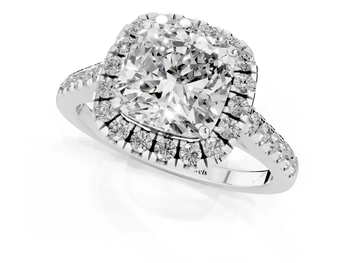 Cushion Cut Halo Pavé Diamond Engagement Ring with Four-Prong Setting Platinum