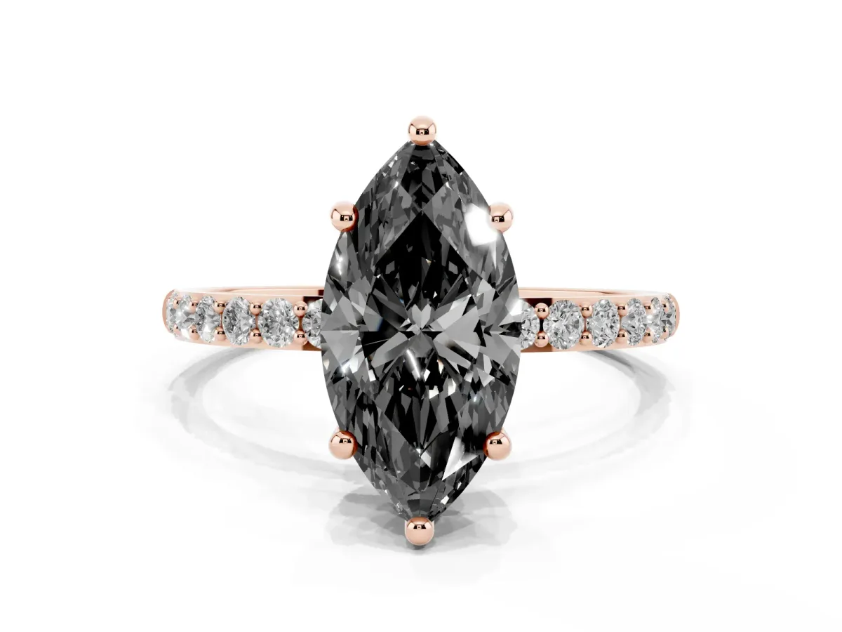 Fancy Black Marquise Cut Diamond Solitaire Ring with Round Pavé Band and Prong Setting Rose gold
