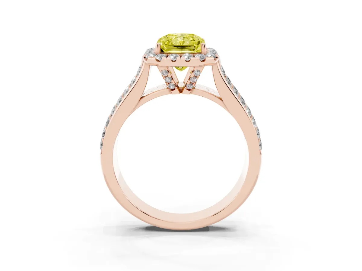 Fancy Yellow Radiant Cut Halo Round Diamond Pave Band with Prong Setting Rose gold